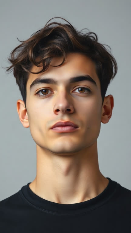 Input photo 1: a young man with curly hair in a black t-shirt, plain grey background