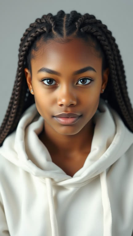 Input photo 2: a young woman with long braids in a white hoodie, plain grey background